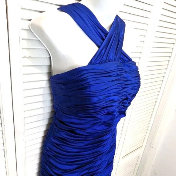 Calvin Klein Bodycon Cocktail Wiggle Dress Sz 10 Royal Blue Satin NWT Ruched - Picture 3 of 13